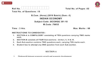 BCOM 3RD SEM HONS INDIAN ECONOMY JAN 2021 | PTU