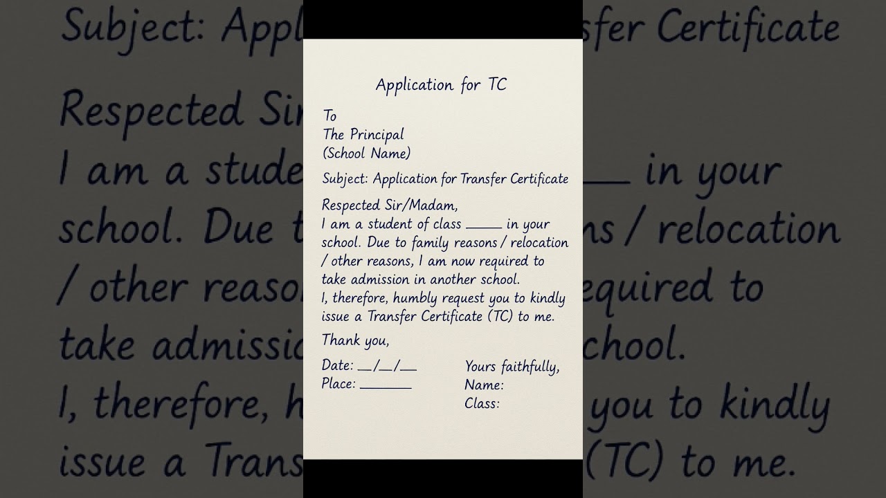 TC Application in English & Hindi | School Transfer Certificate 