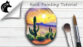 Rock Painting Tutorial Sunset Desert Cactus