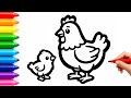 How to Draw Mother Hen & Baby Chick Easy Drawing, Coloring & Painting for Kids, Toddlers