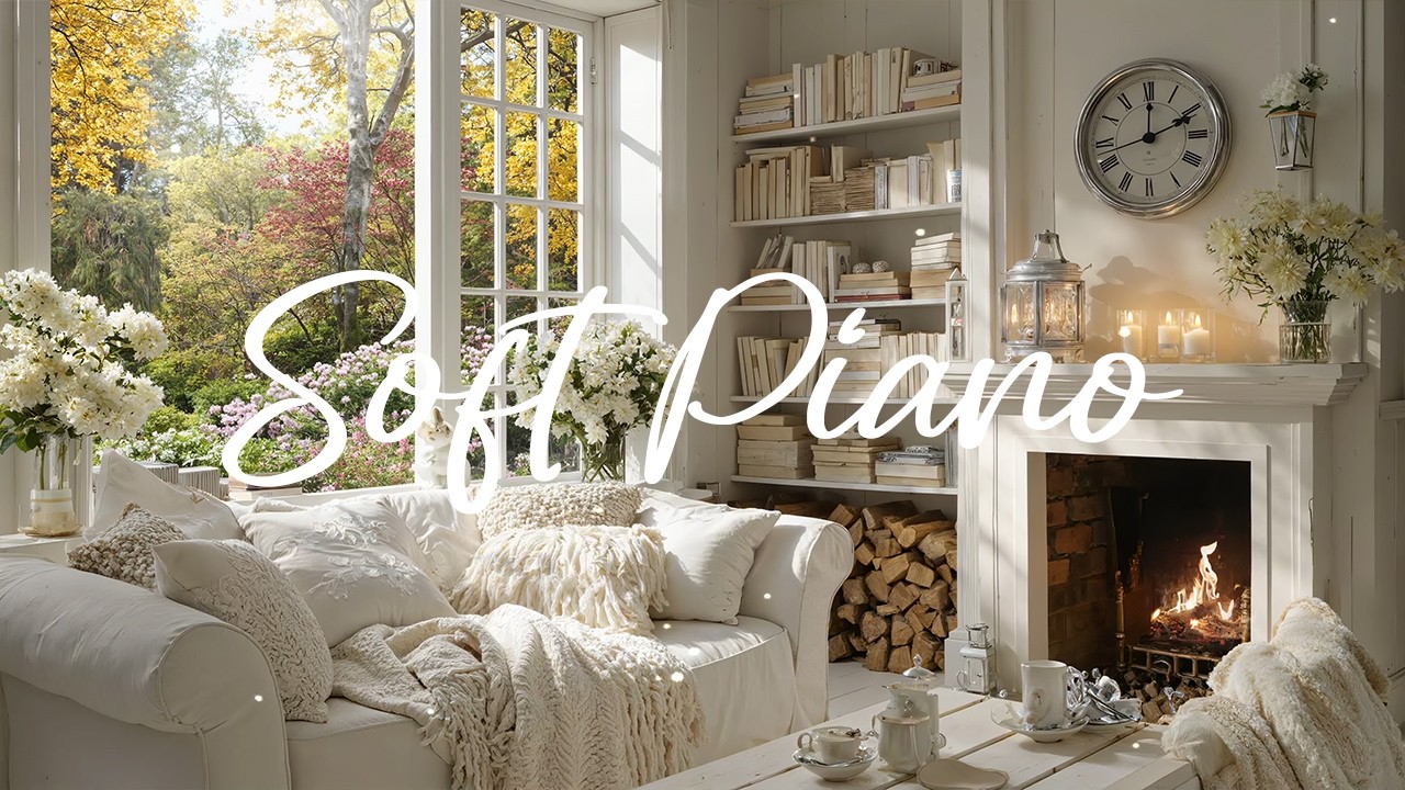 🌼 Cozy Spring Piano Ambience – Bright Garden View & Soft Fireplace Comfort