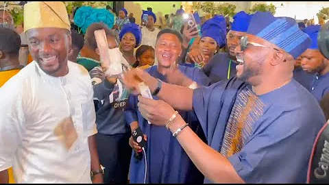 So Funny! Odunlade Adekola Dances With And Sprays Money On Adeniyi Johnson At His Twins’ Naming