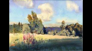 : .  . Meadow. Landscape watercolor
