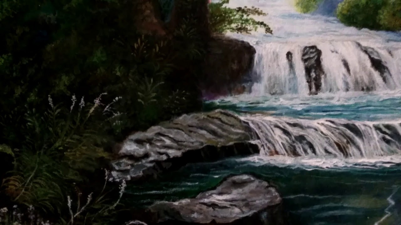 Connect with nature .Landscape painting .Forest waterfall oil painting