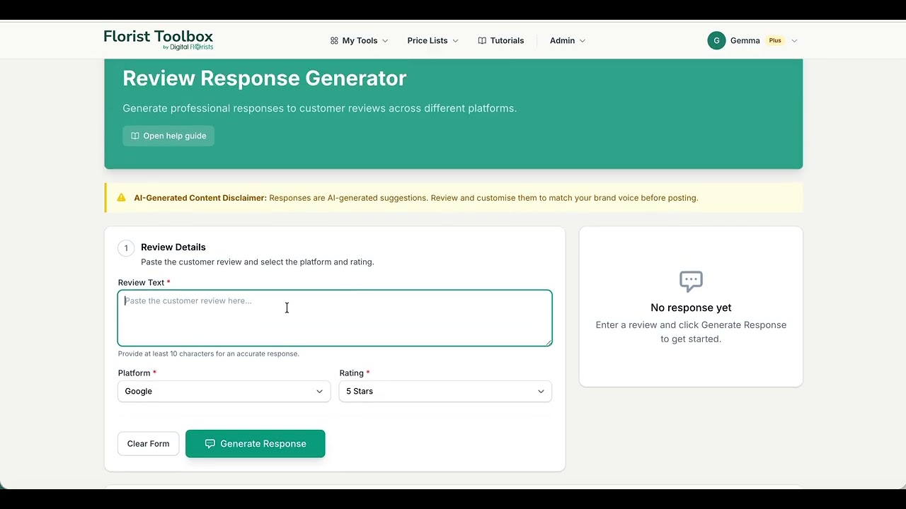 Video walkthrough of the Review Response Generator