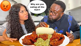 EATING ALL THE FISH TO SEE MY WIFE’S REACTION * OKRA SOUP AND POUNDO