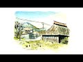 【軽～い風景画】春を待つ茅葺屋根と信州の山々    Spring is coming soon 【Watercolor】