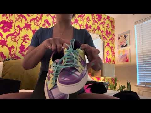 ASMR shoe unboxing with soft speaking and nail tapping