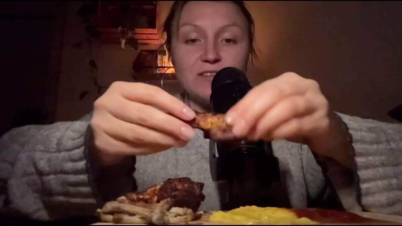 My first ASMR video | mouth sounds | eating wings 