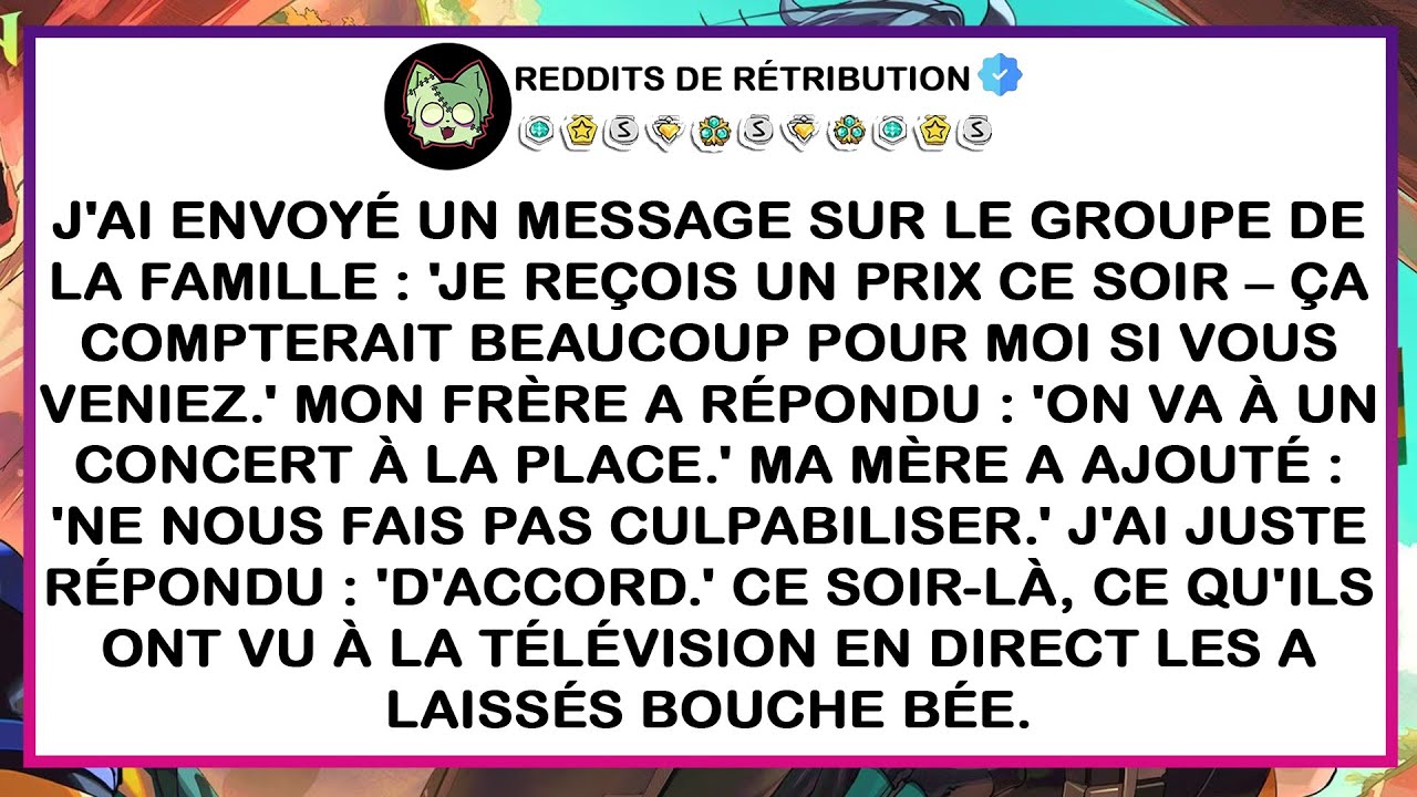 J'ai envoyé un message dans la conversation de groupe familiale : « Je reçois un prix ce soir — C'es