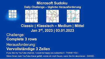 Sudoku Daily Challenges | Classic – Medium | Jan 3rd, 2023