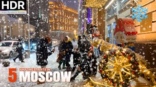 🇷🇺 BIG RUSSIAN SNOWFALL ❄️ Top 5 streets of Moscow at night on Christmas Eve - With Captions ⁴ᴷ HDR