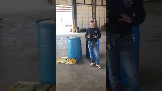 55 gallon, recycled plastic barrel. Modified for use as storage container.