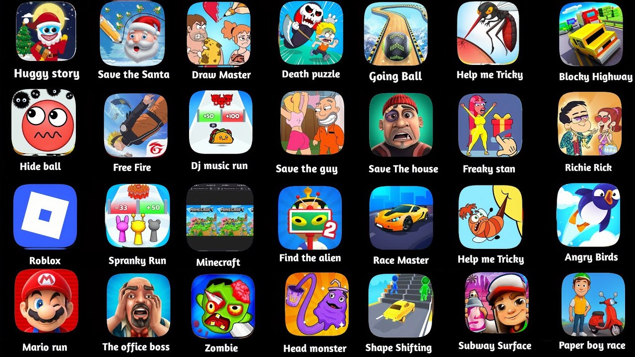 Huggy story,Draw Master,Death Puzzle,Save the Santa,Free Fire,Roblox,Freaky Stan,Shape Shifting 