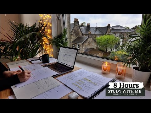 8 HOUR STUDY WITH ME on A RAINY DAY | Background noise, 10-min Break, No music, Study with Merve