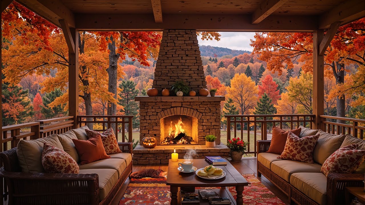 Cozy Autumn Porch Vibes π Happy September Jazz Music & Fireplace ...