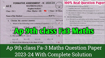 Ap 9th class fa3 maths question paper 2023-24 with answers|9th class Maths fa3 question paper 2024