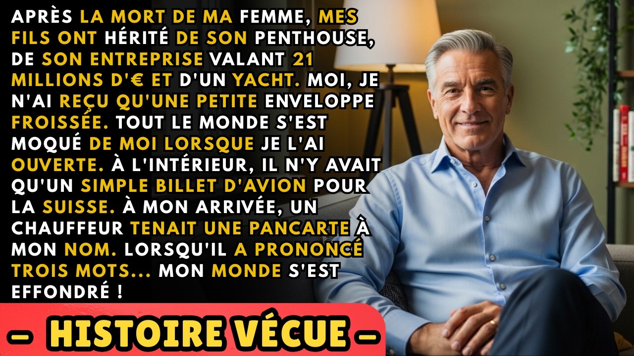 Quand ma femme milliardaire est morte, mes propres fils ont ri en me voyant hériter d'une simple enveloppe froissée au lieu de leur empire. Ils ne savaient pas que ce billet d'avion mène à une...