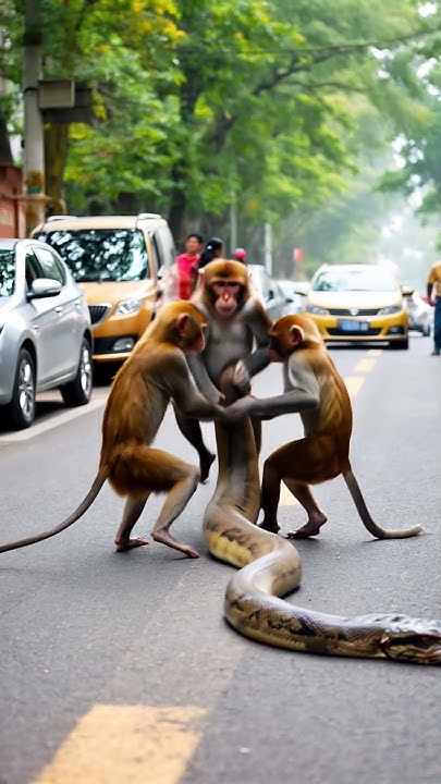 Three monkeys attack a python #monkey #cute #funny #shorts #python ...