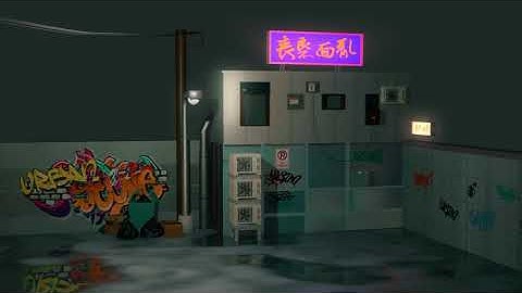 3D Urban cyberpunk dark city street scene made in blender