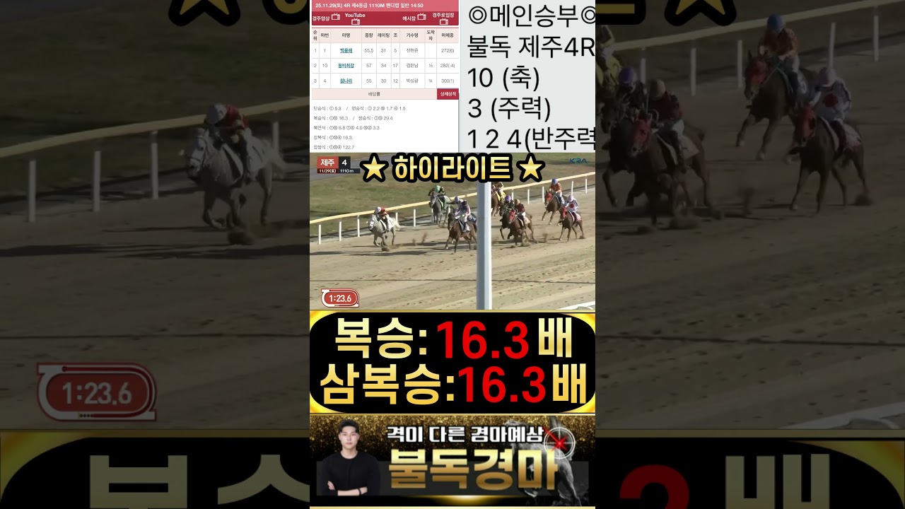 불독의 제주 하이라이트 승부 가는놈이 가는게 경마 입니다 배당으로 하이라이트 싹다 때려!!