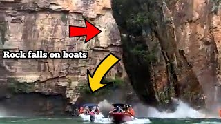 Viral video shows moment massive rock falls on boats of tourists in Brazil