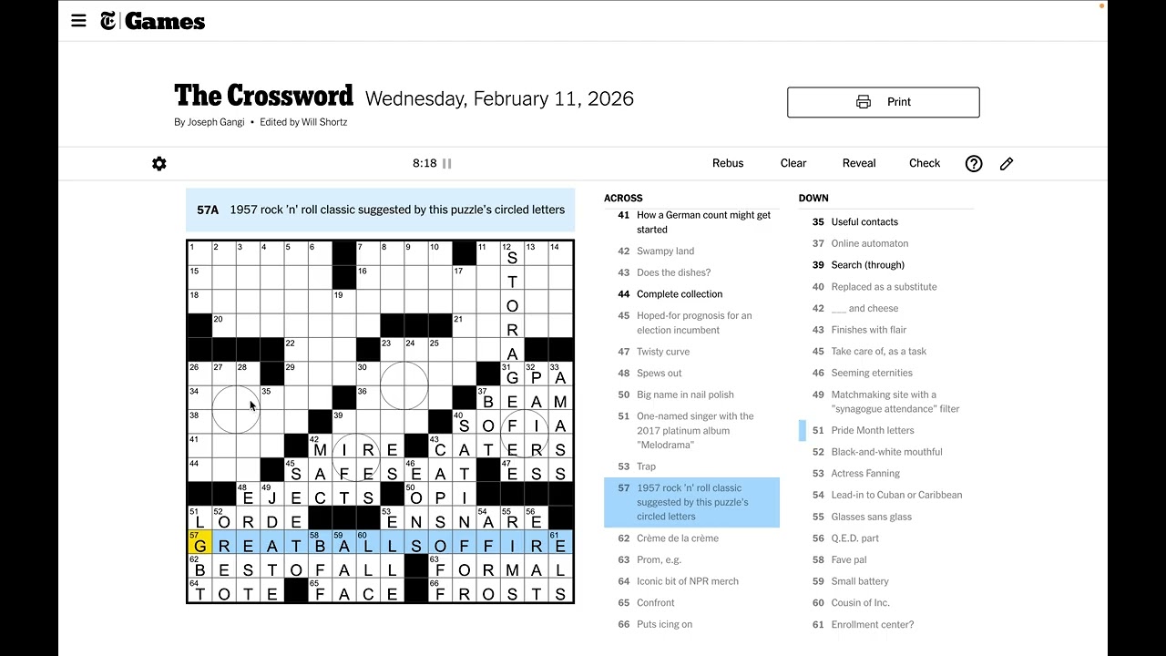 New York Times Crossword Solve - Wednesday Feb 11 2026