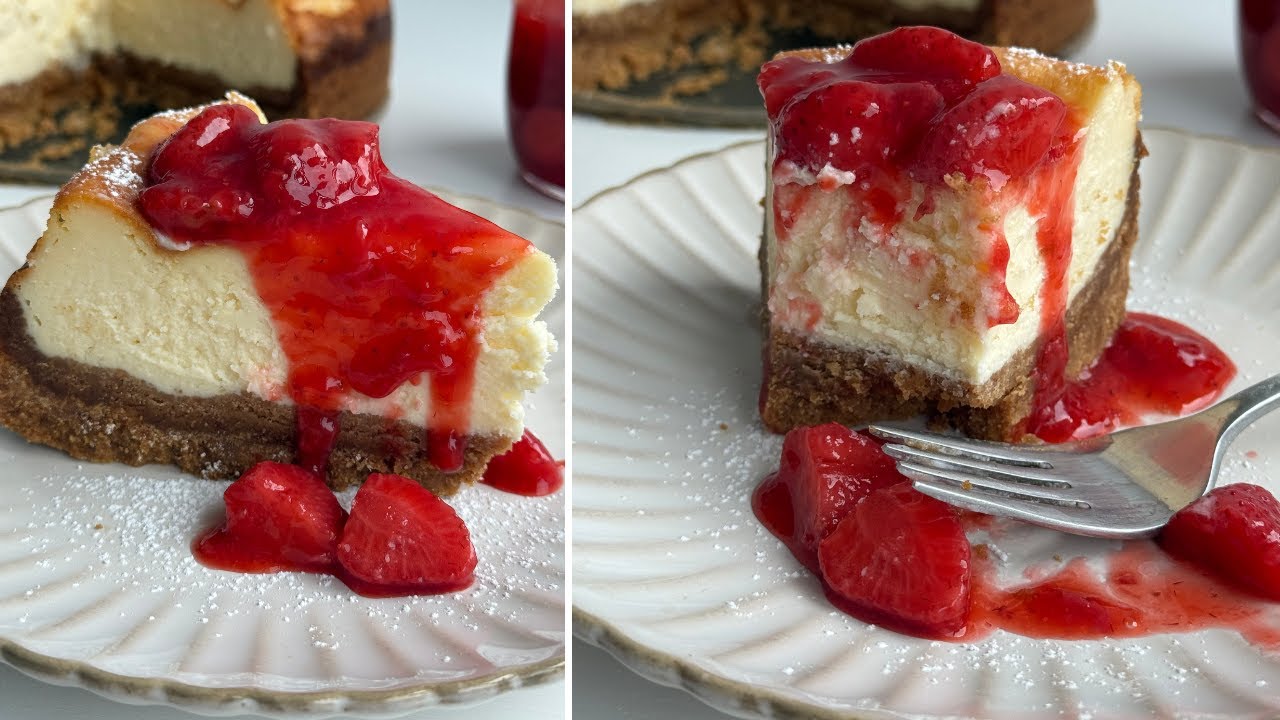 وصفة التشيز كيك الأصلية بصوص فراولة هتخليكم تدمنوها 😍🔥| New York Style Cheesecake