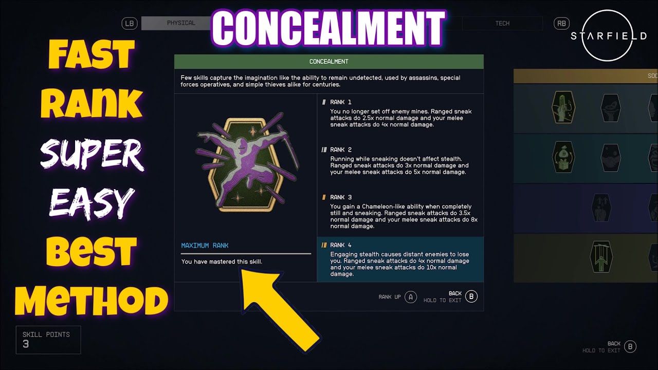 Starfield Fast Concealment Rank - Easy Challenge Levels - Max Rank - Best Method - Sneak Melee