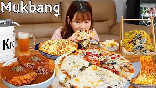 Sub)Real Mukbang- Pizza 🍕 Cheese Spaghetti 🍝 Fried Food, Pork Cutlet 🥟 Beer 🍻 ASMR KOREAN FOOD