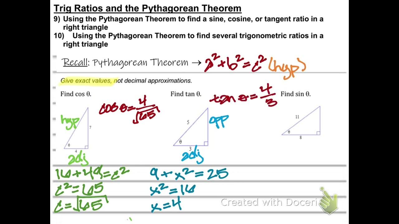 Using the Pythagorean Theorem to find trig ratios in a right triangle ...