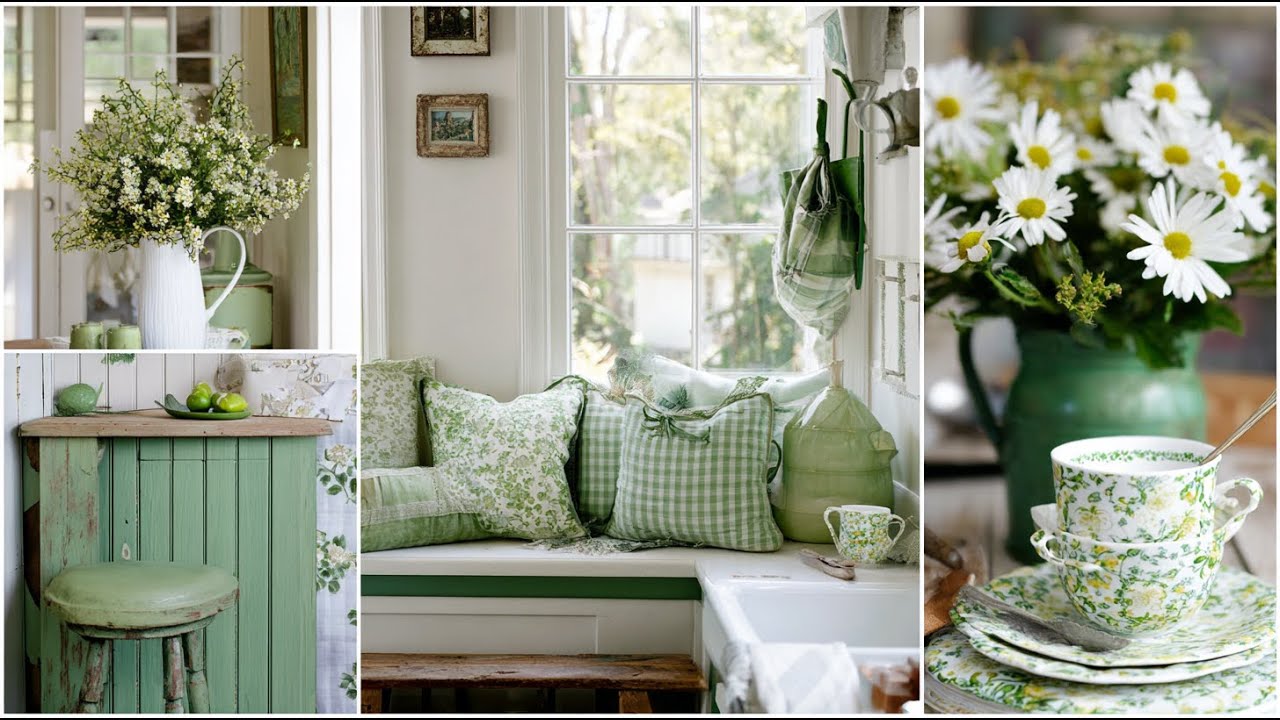 Винтажный зелёно-белый декор в стиле коттеджкор | Уютная вневременная эстетика дома