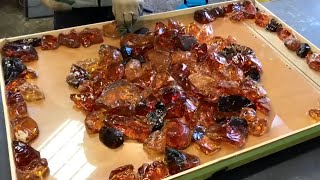 : Glowing table of crystals and epoxy resin.