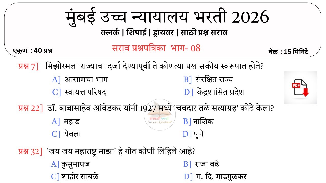 Mumbai High Court Exam 2026 | मुंबई उच्च न्यायालय भरती प्रश्न | प्रश्नपत्रिका 8 | Imp Questions