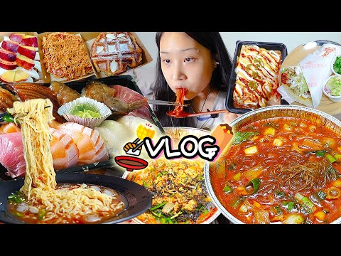 VLOG) 먹고싶은게 많아서...🍣🥙🧇 초밥 낙곱새 부리또 크로플 냉라면 엔칠라다 먹방 브이로그 mukbang blog