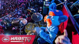 Unofficial Canadiens mascot METAL! performs a drum solo at the Bell Centre