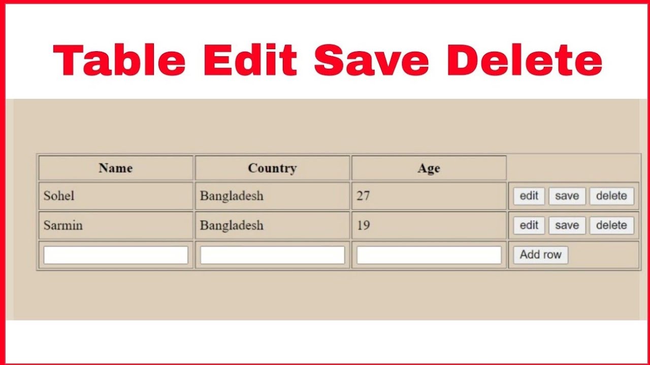 Table Edit save delete by html and javascript bangla tutorials . - YouTube