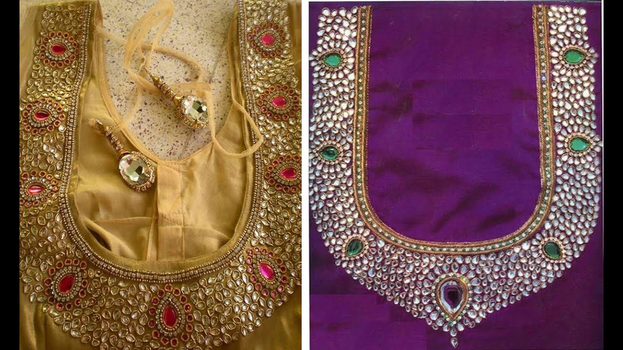 Latest Broad Embroidery Work Blouse Neck Designs For Pattu Saree ...