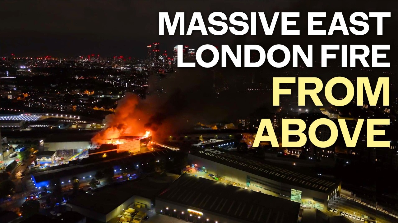 Dramatic aerial footage shows 100 firefighters tackling Deptford waste fire