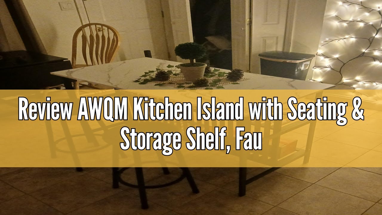 Review AWQM Kitchen Island with Seating & Storage Shelf, Faux Marble Island Table for Kitchen, Moder