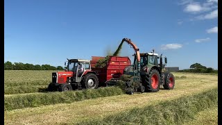 Cumbrian Silage 2023. Fendt reverse drive, 820, Renault, MF 390T, 5711 & twin Massey team at the pit