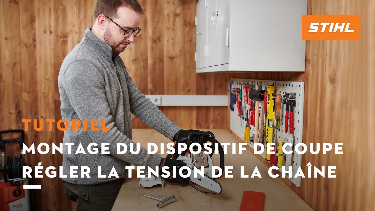 Tronçonneuse thermique MS 180 STIHL - Monter le dispositif de coupe &  Régler la tension de la chaîne 