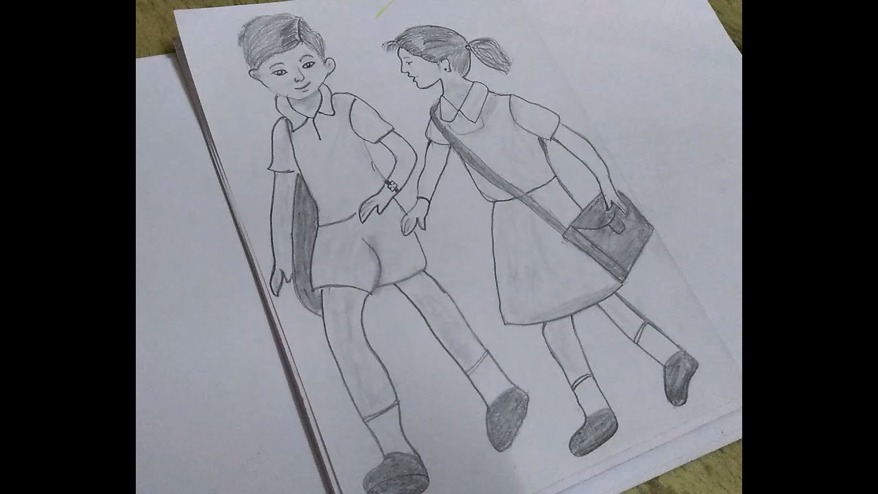 How To Draw Boy And Girl Going To School Pencil Sketch Youtube