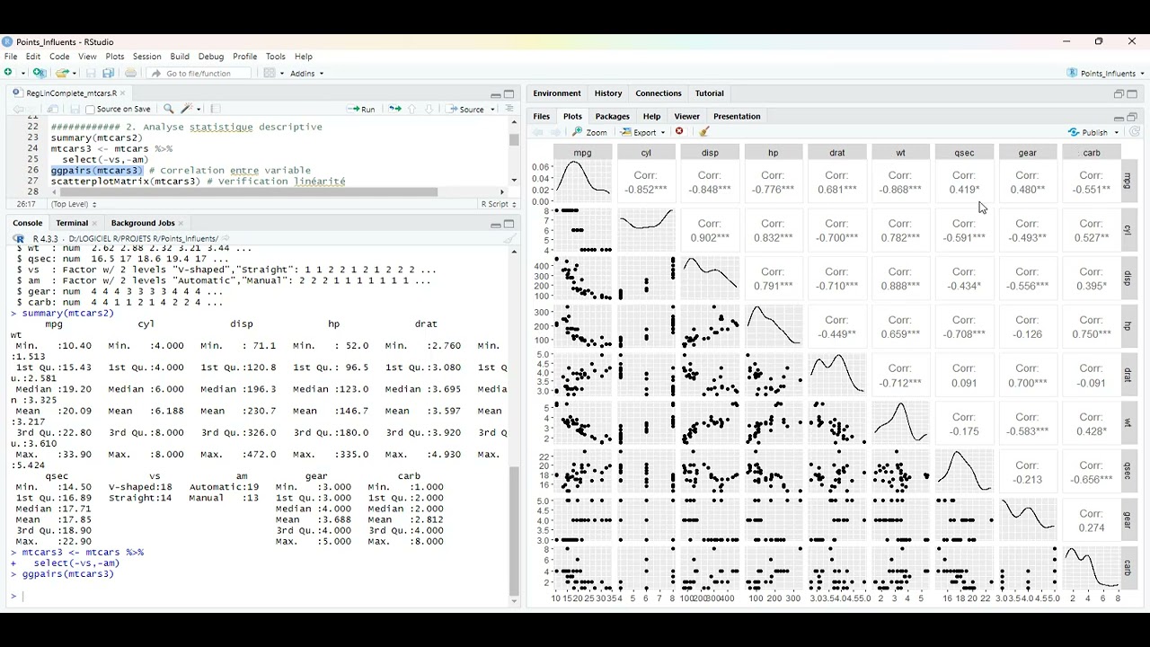 26 - RLM Etude d'un modèle de régression linéaire multiple avec logiciel R (Jeu de données "mtcars")
