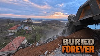 Burying Old Village With Massive Machinery Haul Trucks and a Wheel Loader