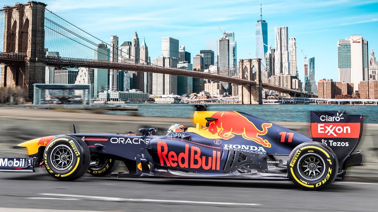 Sergio Perez Drives F1 Car Through New York City