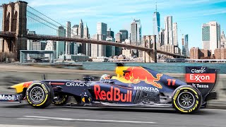 Sergio Perez Drives F1 Car Through New York City