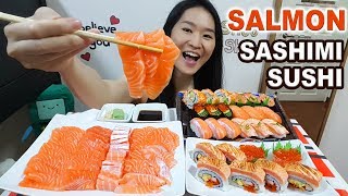 SALMON SUSHI & SASHIMI! Salmon Belly, Salmon Nigiri, California Maki Roll | Eating Show Mukbang ASMR