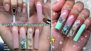 GREEN SPRING POLYGEL NAILS✨ HOW TO BUTTERFLY OMBRE &amp; FLOWER CHARM NAIL DESIGN! Nail Tutorial