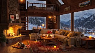 Cozy Jazz, Fireplace Sounds \u0026 Snowy Mountain Village for Stress Relief - Warm Winter Cabin Ambience